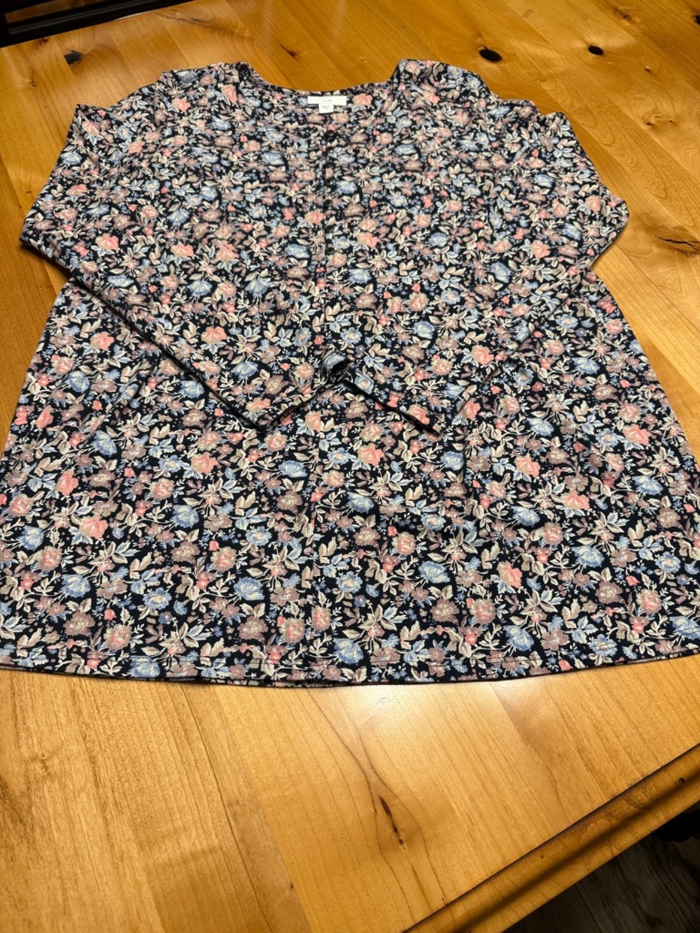 J. Jill Navy Floral Long Sleeve Crewneck Tee with Pink and Light Blue Blooms